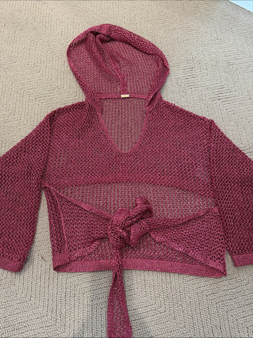 cult gaia Berry Open-Knit Hooded Tie-Front Sweater